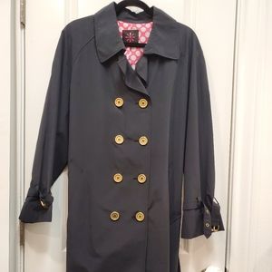 NWOT Isaac Mizrahi Live Black Trench Coat with Pink/White Polka Dot Lining